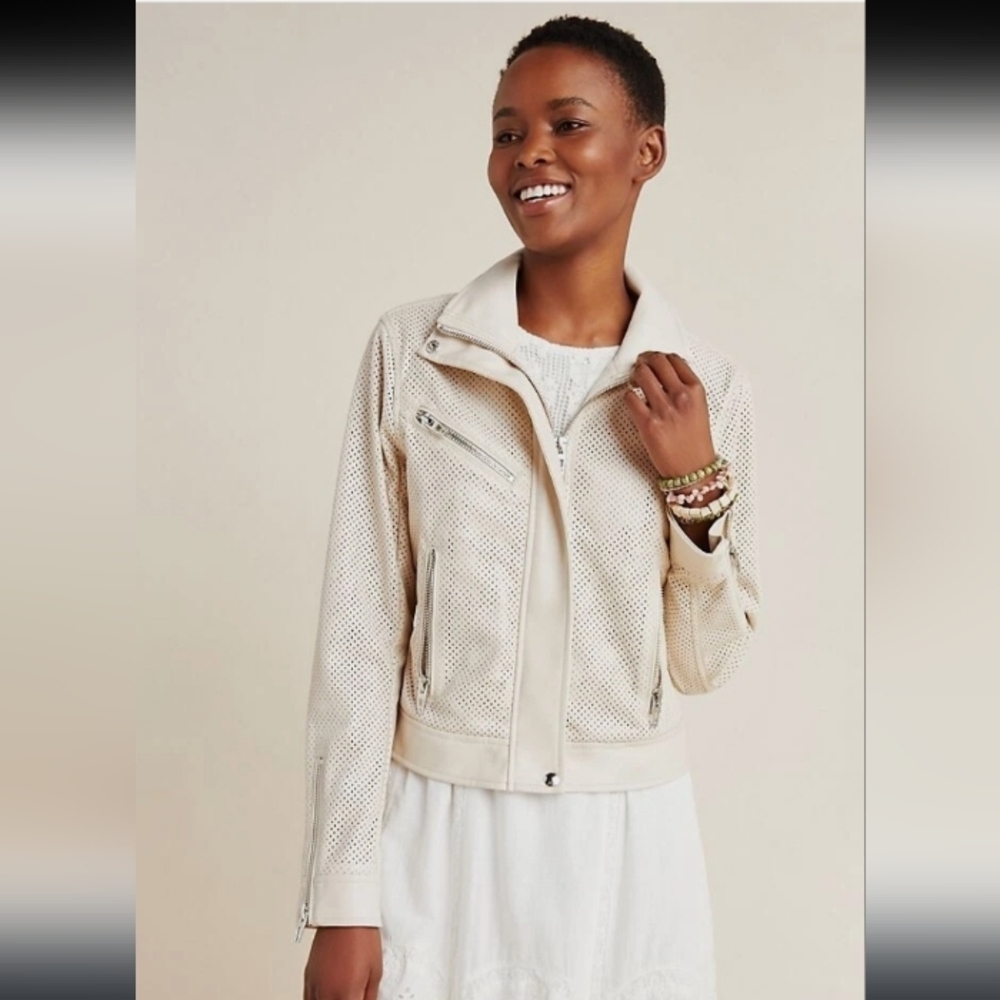 BLANK NYC Anthropologie Cream Laser Cut Faux Leather Boho Moto Bikercore Jacket - Picture 3 of 11